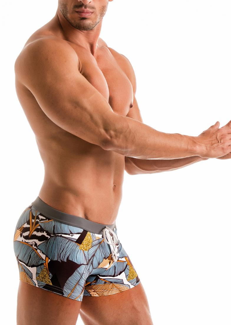 Елегантна комбинация от сиво и жълто - мъжки бански боксер